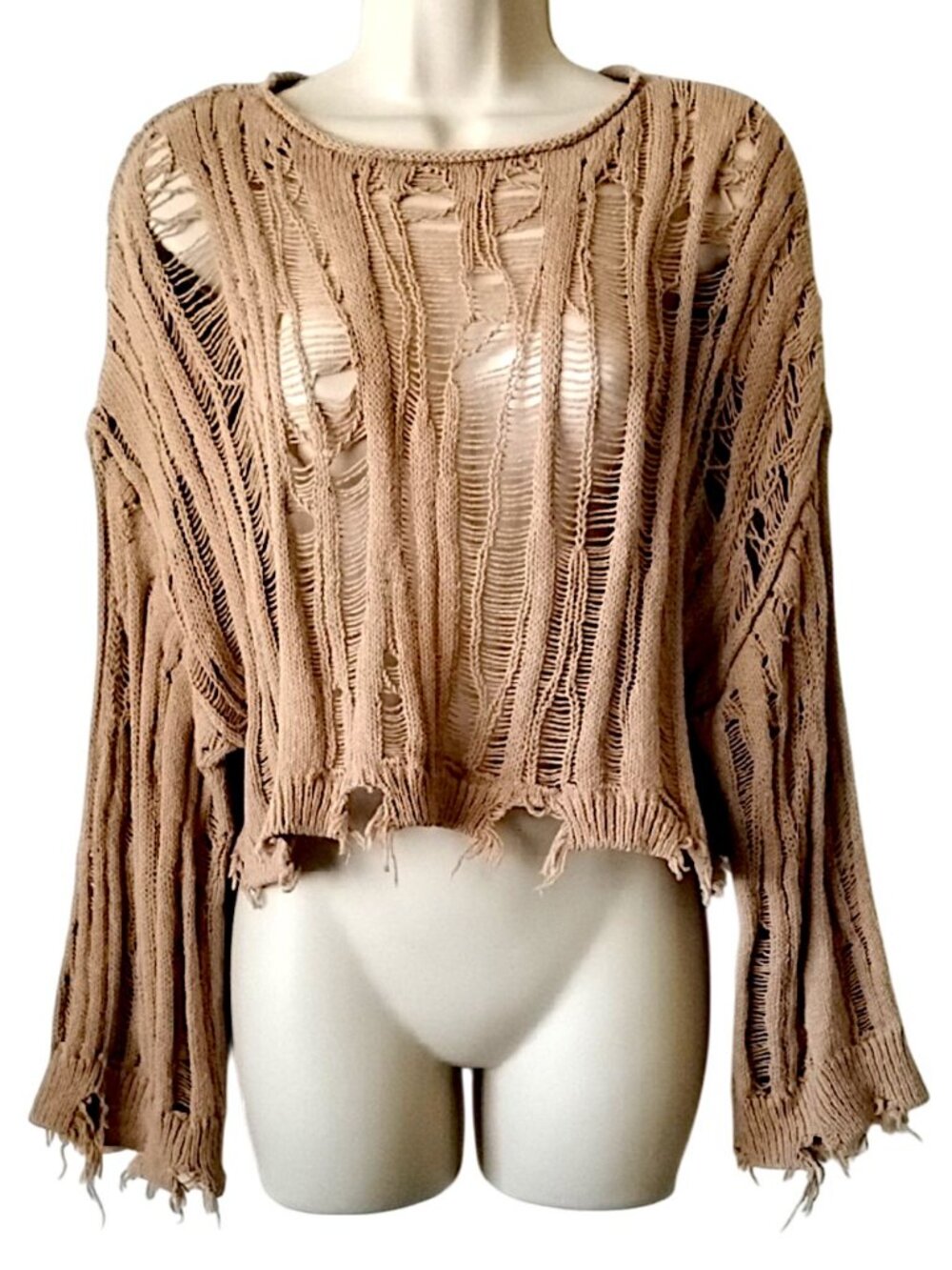 NWOT Zara Linen Cotton Destroyed Oversized Open Knit Crop Top S Tan Crochet